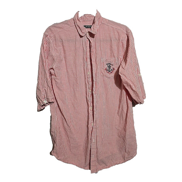 Lauren Ralph Lauren Red Striped Short Sleeve Button Down Shirt Womans Sz Medium - Picture 1 of 5